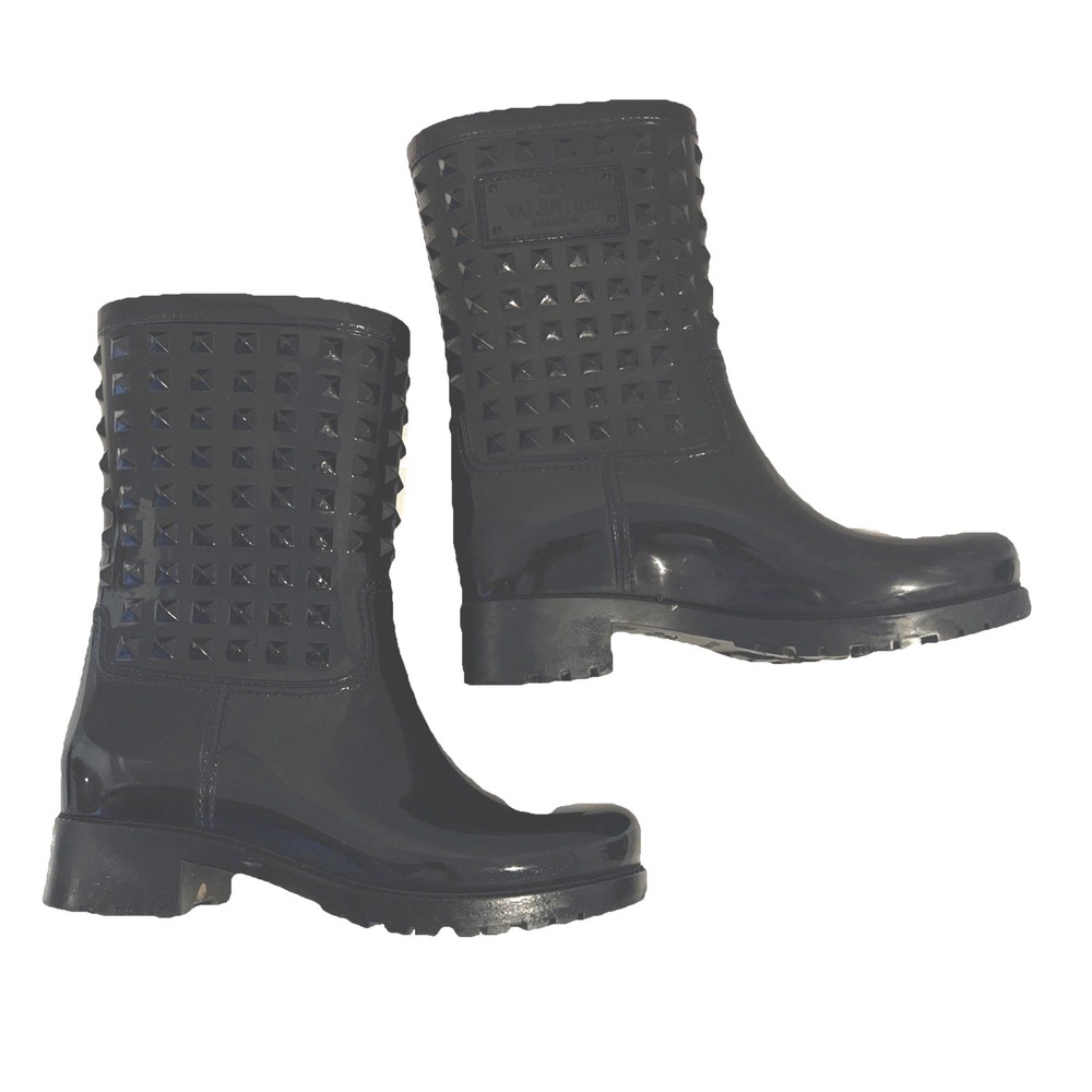 Valentino Rockstud Rubber Rain Boots Black EU‎ 37 | Sz 6.5-7 Mid Calf Waterproof